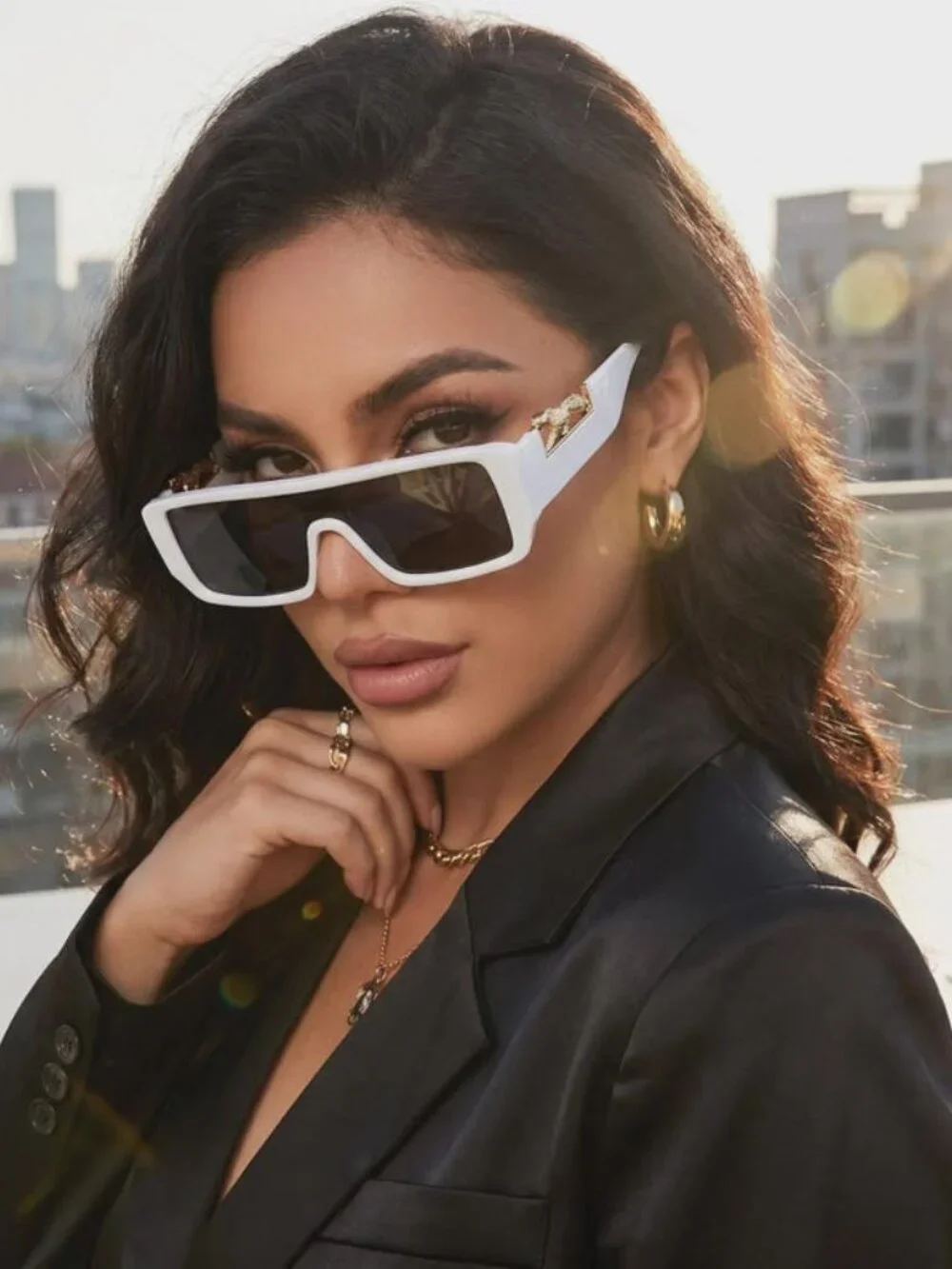 White Leopard Accent Sunglasses - Gold Jaguar Temple Shades
